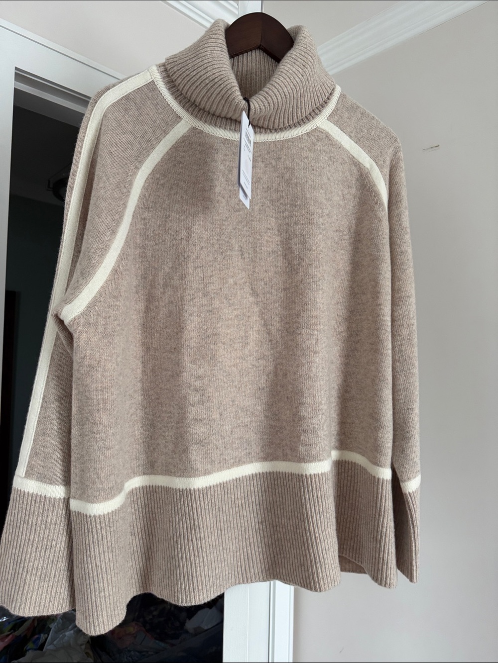 Reiss Taupe Turtleneck Sweater with Cream Contrast Trim size L